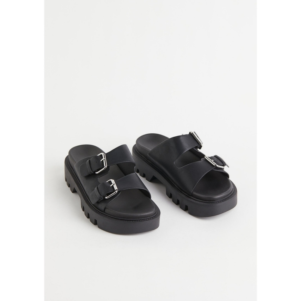 H&M Faux Leather Platform Chunky Sole Two Strap Slide Sandals With Buckles